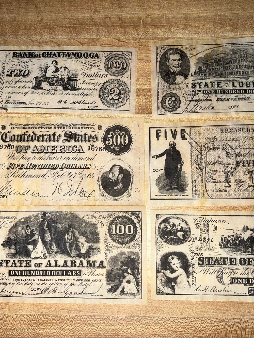 Replica of Confederate currency “Set B”
